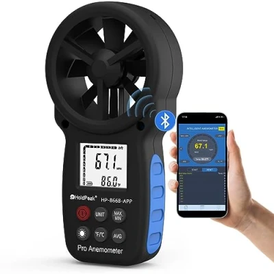 Imagen de HoldPeak HP 866B APP Anemómetro Digital de Mano Para medir la Velocidad del Viento, Temperatura y el Viento Frío, con Retroiluminación LCD Retención Datos, Conexión a