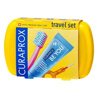 Imagen de Curaprox Travel Set Amarillo Cepillo de dientes viaje acoplable CS 5460 + «Be you» Pasta 2 cepillos interdentales CPS prime 07 y 09