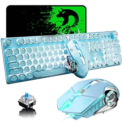 Imagen de LexonElec Teclado mecánico con Cable USB para Juegos Interruptor Azul Retro Steampunk LED Blanco retroiluminado 104 Teclas Anti Ghosting