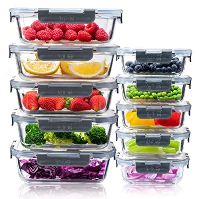 Imagen de Igluu ​​Meal Prep Set de 10 Contenedores vidrio con tapas a prueba fugas cierre hermético, Fiambreras reutilizables aptas para microondas sin BPA 1050ml y 370ml