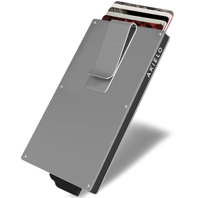 Imagen de AKIELO Tarjetero de Hombre Bloqueo RFID con Clip para Billetes y Caja Regalo Cartera Minimalista Protector Tarjetas Contactless (Alpha Plata Clip)