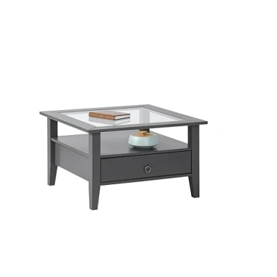 Imagen de Inter Link Mesa Baja de Madera Maciza Pino Macizo con Tapa Cristal Lacado Gris Provence 1