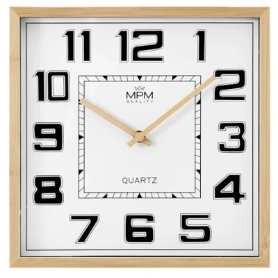 Imagen de MPM Quality Reloj de Pared Cuadrado Madera con números arábigos, Color marrón Claro/Negro/Blanco, Movimiento Cuarzo Barrido, diámetro 292 x 45 mm, Moderno, decoración Pared, para
