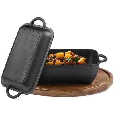 Imagen de Navaris Olla Hierro Fundido con Tapa Holandesa de Rectangular 2 Asas 3,8L Ollas para Cualquier Cocina y Horno