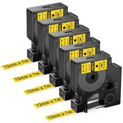 Imagen de 5 x Compatible Dymo D1 45018 Cinta Amarillo, Recambio A45018 S0720580 12mm 7m para LabelManager 160 280 360D 420P PC II PnP, LabelPoint 150 100