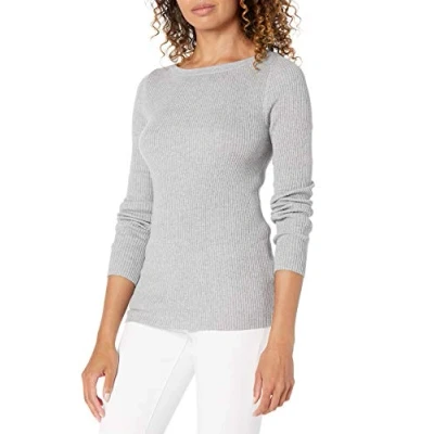 Imagen de Amazon Essentials Jersey Ligero de Canalé con Manga Larga y Escote Barco Mujer, Gris Claro Mezcla, XS