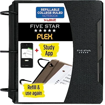 Imagen de Five Star Flex Cuaderno recargable + aplicación de estudio, papel rayado universitario, anillos TechLock 1 1/2 pulgadas, bolsillos, pestañas y divisores, capacidad 300 hojas, negro (29324AA2)