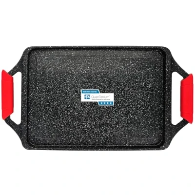 Imagen de briebe Black Titanium Plancha Cocina Inducción Asar, Antiadherente Titanio, Aluminio Fundido, Bandeja Asadora 43x25cm, Recubrimiento sin PFOA, Asas Silicona, Vitrocerámica, Gas, Horno