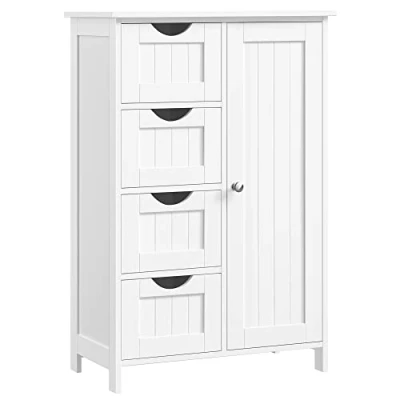 Imagen de VASAGLE Armario de Baño, Mueble Baño Estrecho, Cómoda Cajonera con 4 Cajones, Puerta, Estante Ajustable, 30 x 55 82 cm, Blanco LHC41W