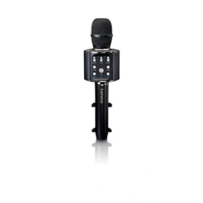 Imagen de Lenco BMC 090 Micrófono para karaoke, Bluetooth V4.2, con soporte smartphone, 5 W RMS, efectos de iluminación LED, batería integrada 1200 mAh, Android e iOS, negro