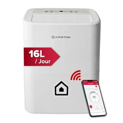 Imagen de Ariston Deshumidificador Silencioso Bajo Consumo Portátil Wifi, 16L/día + Depósito de 3L Deshumidificadores Humedad 30/44 m², ‎24,5x35x51 cm Dehumidifier Fabricado para Instalación en España