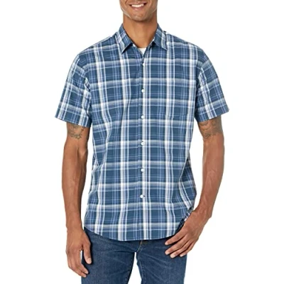 Imagen de Amazon Essentials Camisa de Popelín Manga Corta Ajuste Normal Hombre, Azul Marino Cuadros Medio, XXL
