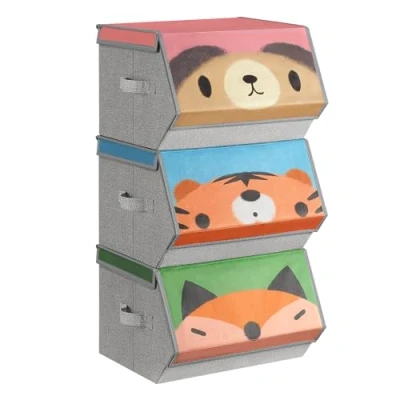 Imagen de SONGMICS Caja Almacenaje Tela Infantil, Organizadora Plegable, Juego de 3, Apilables con Asas, Tapa Magnética, para Habitación Niños, Oso Tígre Zorro, Rosa, Azul, Verde y Gris RFB760P03