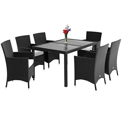 Imagen de Casaria® Juego de Muebles Jardín Poliratán 6 Sillas Apilables Cojines 7cm Mesa WPC Comedor Patio Personas Exterior Resistente Intemperie