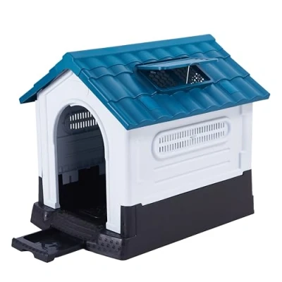 Imagen de Lanco Caseta para Perros Pequeños con Techo Regulable y WC. Uso Interior Exterior Rejillas de ventilación. Material Resistente. 68x55x66cm. Azul Blanco.
