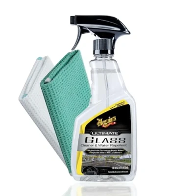 Imagen de Meguiar &#039;s Ultimate Glass Cleaner &amp; Water Repellent + 2 x paños de limpieza cristales Limpiador parabrisas eficiente con efecto perlado para ventanas coche