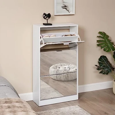 Imagen de [en.casa] Zapatero Estrecho Mueble Recibidor 3 Puertas Abatibles con Espejo máx. 18 Pares de Calzados Aglomerado 115 x 60 24 cm Blanco