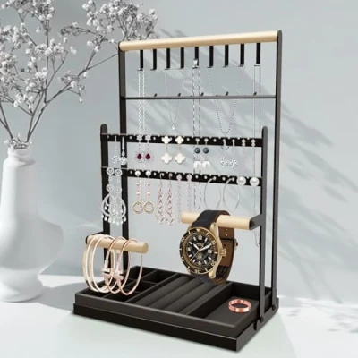 Imagen de Soporte para Joyas, Organizador de Joyas Metal y Madera,Soporte Joyería,Expositor Joyas,Bandeja Terciopelo,Se utiliza guardar collares,anillos,pulseras,relojes,aretes,colgantes,Negro