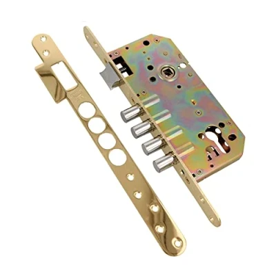 Imagen de Amig Cerradura de Embutir Con Bulones para Puertas Madera Mod. 101 50/85 mm Cilindro y Escudo Seguridad Picaporte Reversible Acero Latonado Barnizado