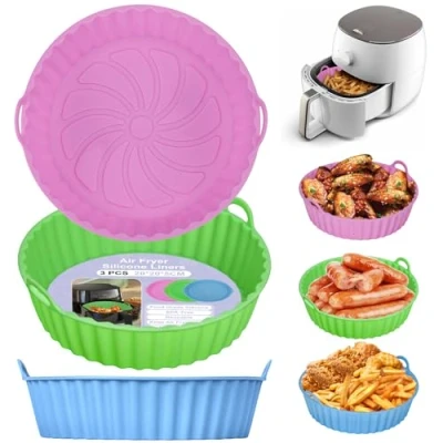Imagen de Alyvisun Moldes Silicona Freidora de Aire, 3 Piezas Recipientes Bandeja para sin Aceite Reutilizable Redondo Utensilios Cesta Air Fryer, Microondas, Horno (Rosa+Verde+Azul Cielo)