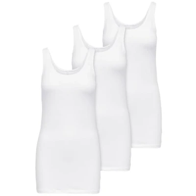 Imagen de ONLY Pack de 3 camisetas básicas para mujer, color blanco, negro, gris, azul, crema camiseta larga verano 15201465, Blanco., S