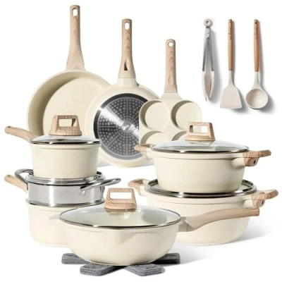 Imagen de Just Perfecto Juego de Ollas y Sartenes Cocina Antiadherentes 21 Piezas, Batería Aluminio, para Todas las Cocinas, Incluso Inducción, con Tapas (21 Pcs Biege)