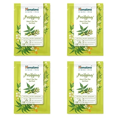 Imagen de Himalaya mascarilla purificadora de neem y árbol té, facial algodón un solo uso, antioxidante rico para piel clara fresca, con ácido hialurónico hidratación, 4 unidades
