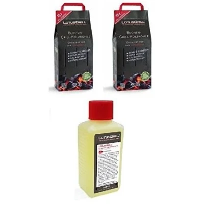 Imagen de LotusGrill Lote de 2 bolsas carbón haya 2,5 kg, incluye pasta combustión 200 ml, ambos desarrollados para asar sin humo con el