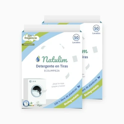 Imagen de Natulim Detergente en Tiras para Lavadora (100 Lavados) Incluye efecto Suavizante, Ecológico, Hipoalergénico, Made in Spain Ropa limpia y suave sin ensuciar el Planeta (Sin Fragancia) 2 Pack