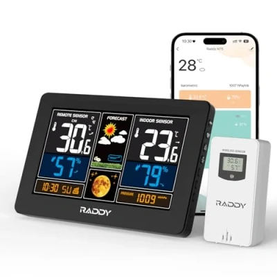 Imagen de Raddy N75 estación meteorológica Wi Fi con sensor exterior, de 7,5&quot;, APP muestra datos meteorológicos, reloj red, pronóstico del tiempo, advertencia heladas, brillo ajustable