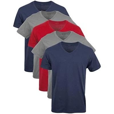 Imagen de Gildan Camisetas con cuello en V para hombre, multipaquete, estilo G1103, Azul marino/carbón/rojo cardenal (paquete de 5), Large