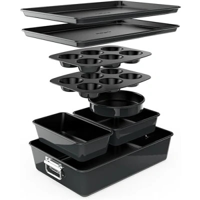 Imagen de NutriChef Moldes apilables, Baking Set Bandejas, Libres de PFOA, PFOS, PTFEE, Acero, Negro