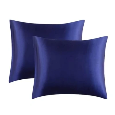 Imagen de Juwenin Home Paquete de 2 fundas almohada seda satinada suave morera pura para cabello y piel con cierre sobre (azul marino, estándar (50 x 75 cm)