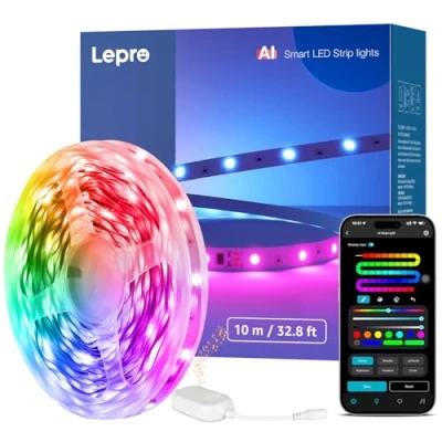 Imagen de Lepro Tira LED 10M AI MagicColor, Inteligente S1, Funciona con Alexa y Google Assistant, Reconocimiento de Imitación AI, Sincronización Músic, Luces para Dormitorio, TV, Fiesta