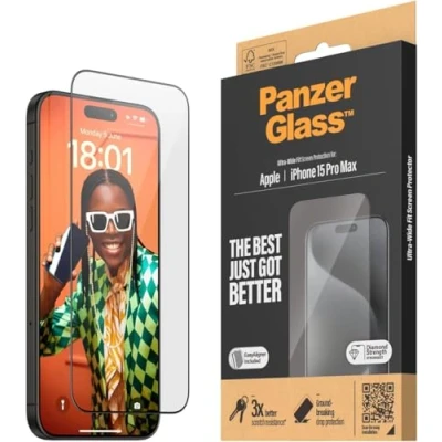 Imagen de PanzerGlass™ Protector de Pantalla resistente a los arañazos para Apple iPhone 15 Pro Max Ajuste Ultra Amplio y Cristalina, Resistencia Golpes