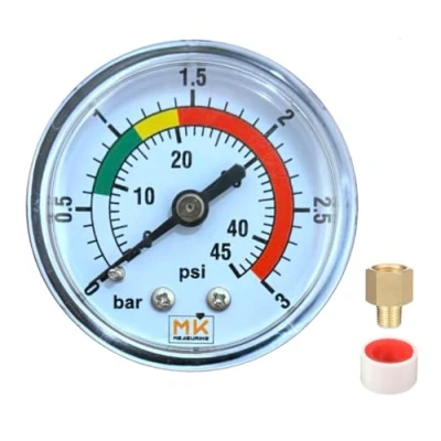Imagen de Manómetro para filtro de piscina 0 3 bar/45 psi Conexión 1/4&quot; NPT Conector trasero latón, arena suministrado con teflón y adaptador 1/8&quot;