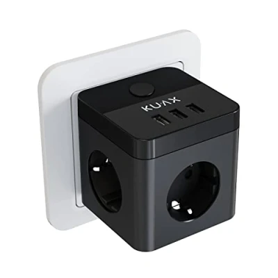 Imagen de KUAX Cubo Ladron de Enchufes Triple con 3 Puertos USB, 6 en 1, Cargador Multiple Pared Interruptor, Compatible Phone, Pad, para Hogar Oficina (Negro)
