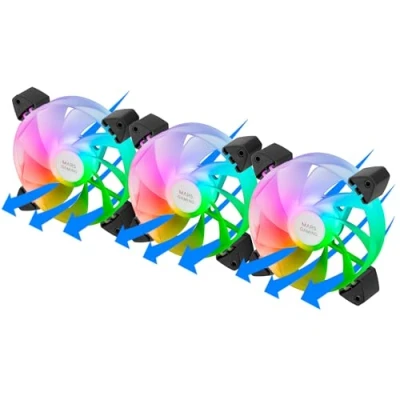 Imagen de MARSGAMING MF 3AR, Kit 3x Ventiladores 120mm FDB, Aspas Invertidas, Iluminación ARGB 360 Sin Marco, Anillo Completa, PC con Compatibilidad Total ARGB, Doble Conector, Negro