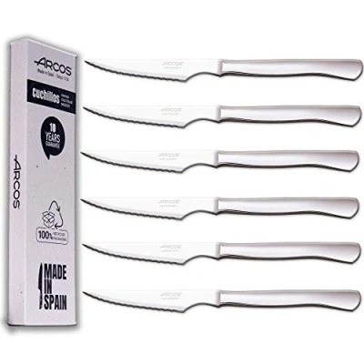 Imagen de Arcos Juego Cuchillos Carne 6 Piezas Cuchillo chuleteros Mango Plano clásico monobock Hoja 110 mm Cubiertos Acero Inoxidable Caja Envase Ecológico (Filo Serrado)