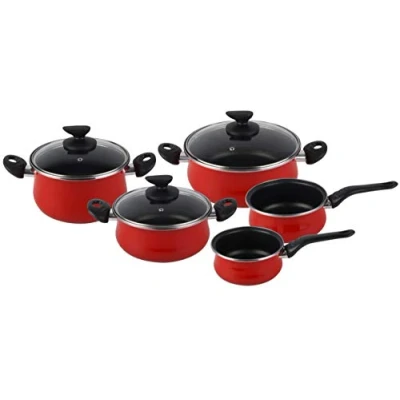 Imagen de Magefesa Praga Batería de Cocina 8 piezas. Material acero vitrificado exterior rojo. Antiadherente bicapa Reforzado. Apta para todo tipo cocinas, especial inducción. 50% ahorro energético.