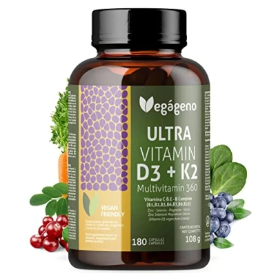 Imagen de Vitamina d3 y k2 Ultra 180 Cápsulas VEGANOS. Multivitaminico con Vitaminas C, E B Complex(B1,B2,B3,B6,B9,B12), Biotina, Acido Fólico, Niacina, Tiamina.Mirenales : Zinc, Selenio.