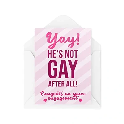 Imagen de Tarjetas de compromiso divertidas, Yay He&#039;s Not Gay After All, Felicidades comprometidas tarjeta felicitación, humor ingenioso risa banter broma comedia divertida CBH106