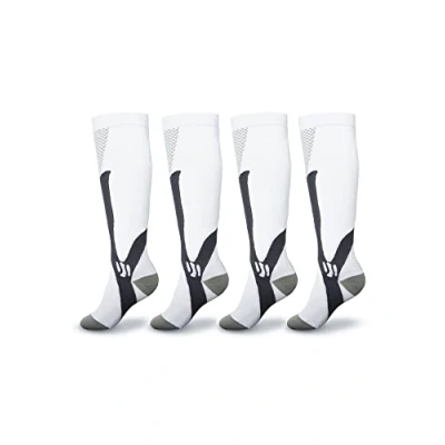 Imagen de 2 Pares de Medias Compresión para Mujeres y Hombres (20 30mmHg), Calcetines Deporte, Running, Ciclismo, Viajes, Embarazo, Varices. Blanco, CCB2, Talla S/M.