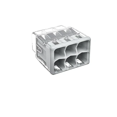Imagen de WAGO Conector de empalme compacto, para conductores sólidos y trenzados, máx. 4 mm², 6 conductores, Cubierta gris, Temperatura del aire circundante, max 85C (T85), 4,00 transparente, 2773 406