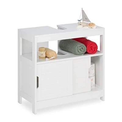 Imagen de Relaxdays Mueble de Baño Bajo Lavabo, 2 Compartimentos, Puertas Correderas, Hueco para Sifón, 5 x 60 30 cm, Blanco, Tablero Fibras, 60,5x60x30cm