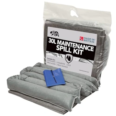 Imagen de Kits de derrames 30 L (30 mantenimiento) fabricado en el Reino Unido gris absorbe aceite no agresivo y fluidos a base agua para uso interiores exteriores diseño kit superior clip.