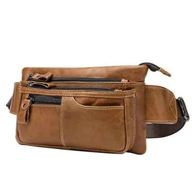 Imagen de Xieben Vintage Fanny Pack De Cuero Bolso La Cintura para Hombres Mujeres Viajes Senderismo Correr Cadera Cinturón Delgado Teléfono Celular Monedero Billetera Bolsa Marrón Claro