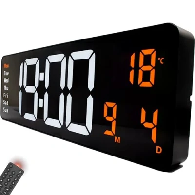 Imagen de Opis Clock 1 XXL Blanco/Naranja Reloj Digital Pared Grande con Temperatura y LED para Cocina, Oficina, Gimnasio