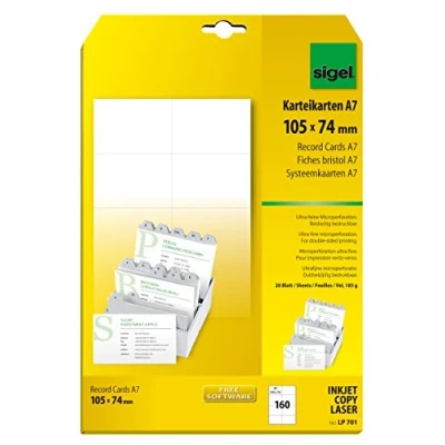 Imagen de SIGEL LP701 Tarjetas Index para PC impresión por las dos caras, A7 (A4), 185 g, 160 unds.=20 hojas