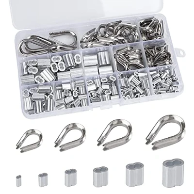 Imagen de QIMEI SHOP Juego de Fundas para Cuerda Cable Manga Aluminio M1.2 M1.5 M2 M2.5 M3 M4 Dedales Acero Inoxidable M5 con Caja Almacenamiento 240 Piezas